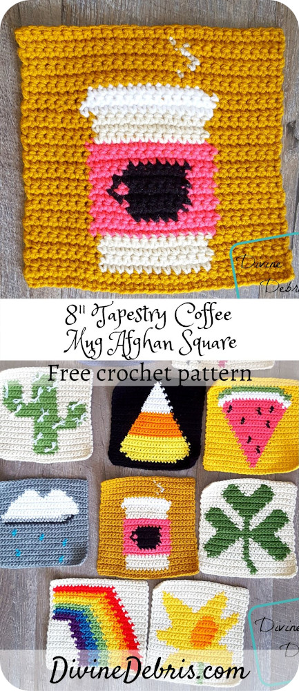 Learn to make the 8" Tapestry Coffee Mug Afghan Square, and learn about the 2019 Coffee Square CAL, free crochet pattern by DivineDebris.com#crochet #freepattern #afghansquares #tapestrycrochet #coffee #yarn