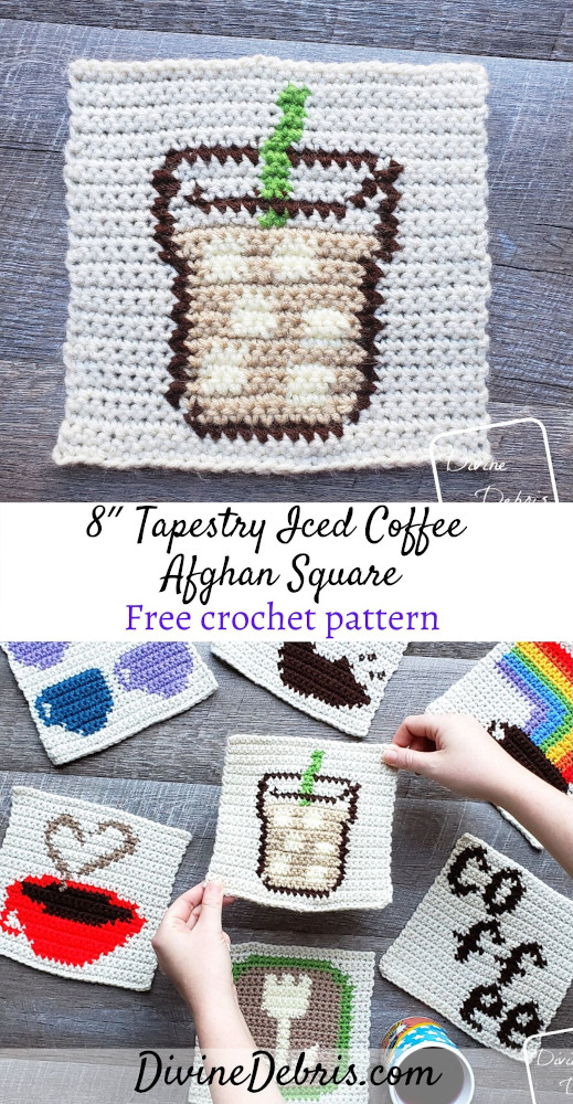 Show off your love of coffee with this fun and free 8″ Tapestry Iced Coffee Afghan Square free crochet pattern by DivineDebris.com#crochet #freepattern #tapestry #afghansquare #coffee #worstedweight