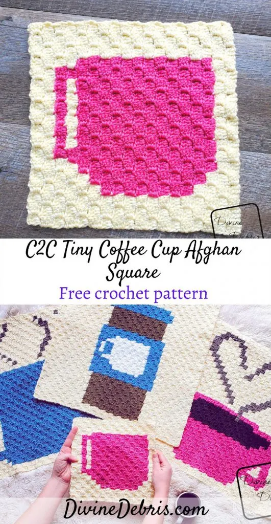 Learn to make the Tiny Coffee C2C Afghan Square, and learn about the 2020 C2C Coffee CAL, from a free pattern on DivineDebris.com#c2c #corner2corner #crochet #freepattern 
