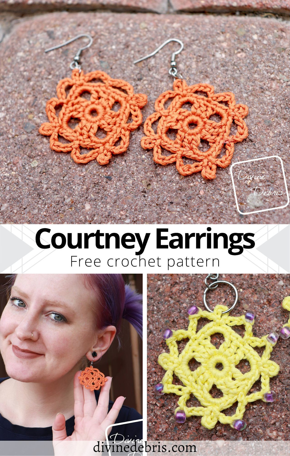 Learn to make the Courtney Earrings, a fun, easy, and super customizable, from a free crochet pattern on DivineDebris.com