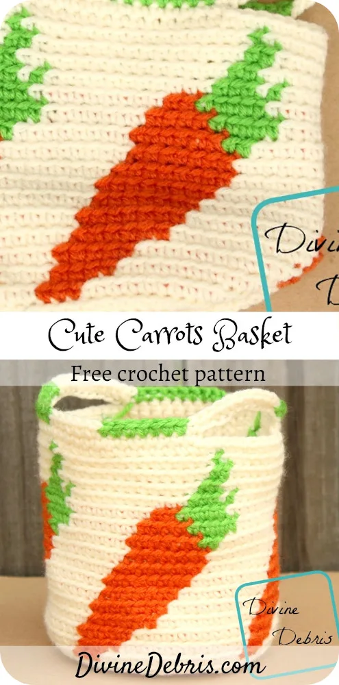 Learn to make the Cute Carrots Crochet Basket, a fun and easy tapestry crochet basket featuring repeated carrots, from a free pattern on DivineDebris.com#crochet #freepattern #baskets #tapestry 