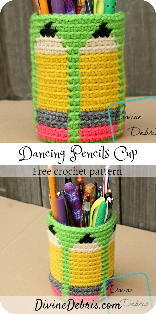 Learn to make the Dancing Pencils Cup from a free crochet pattern, on DivineDebris.com. Perfect gift for all the teachers in your life#crochet #freepattern #teachergifts #tapestrycrochet