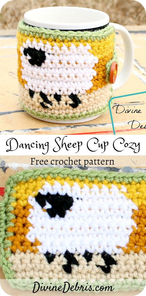 Show some appreciation for squishy and cute sheep with this easy Dancing Sheep Cup Cozy crochet pattern on DivineDebris.com.#crochet #mugcozy #sheep #tapestrycrochet #freepattern