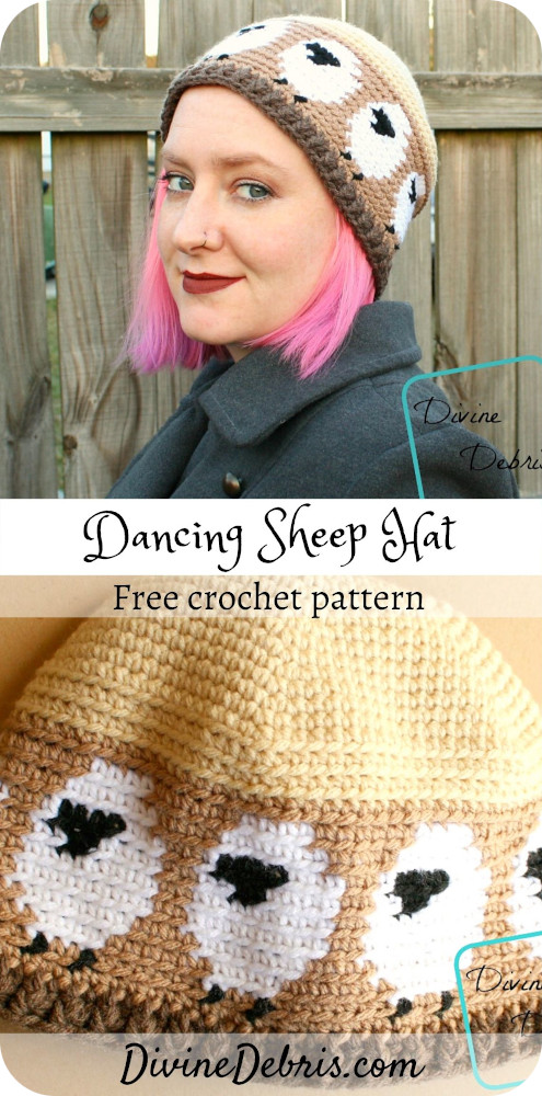 Learn to make a fun sheep and tapestry based crochet hat, Dancing Sheep Hat, from a free crochet pattern by DivineDebris.com#crochet #freepattern #hats #tapestry