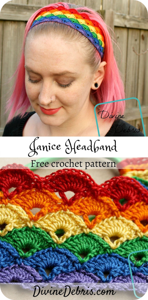 Learn to make a easy and fun crochet headband using size 10 crochet thread, the Janice Headband, from free crochet pattern on DivineDebris.com#crochet #freepattern #crochetthread #headbands #rainbows