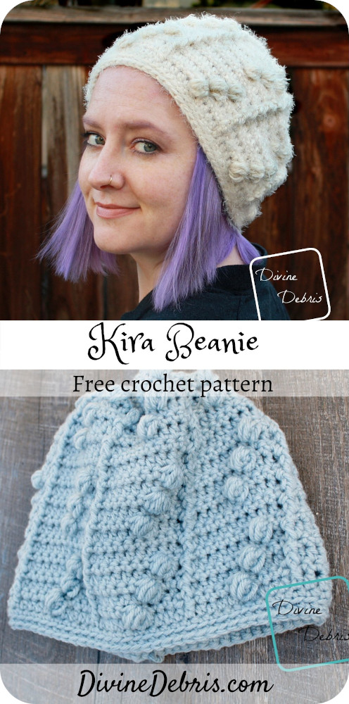 Learn to make the Kira Beanie, a super easy and fun crochet beanie pattern featuring bobbles and texture, from free pattern on DivineDebris.com#crochet #freepattern #beanies #hats #worstedweight #bulkyweight #yarn