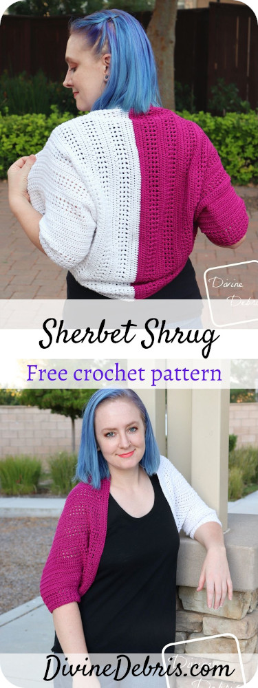 Get fashionable and cozy in the Sherbet Shrug, a free crochet pattern by DivineDebris.com. It's easy and fun to customize!