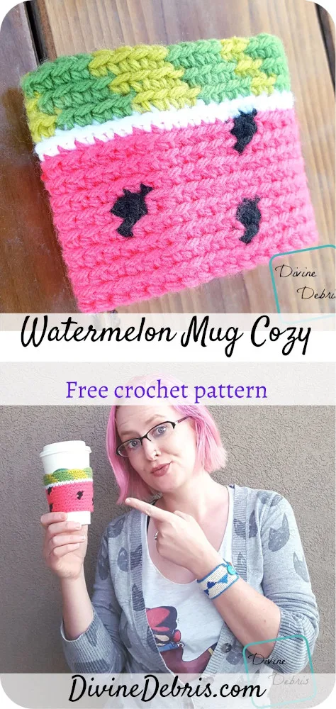 Learn to make the Watermelon Mug Cozy, a fun tapestry and color work design, from a free crochet pattern by DivineDebris.com 