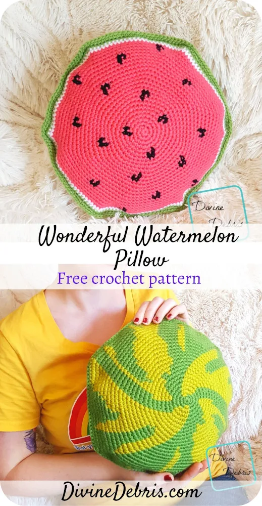 Learn to make the Watermelon Pillow, a fun tapestry crochet stoftie design, from a free crochet pattern by Divinedebris.com