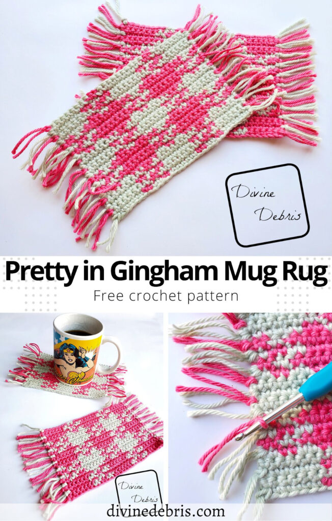 Learn to make the Pretty in Gingham Mug Rug, a fun and interesting tapestry crochet design, from a free crochet pattern by DivineDebris.com