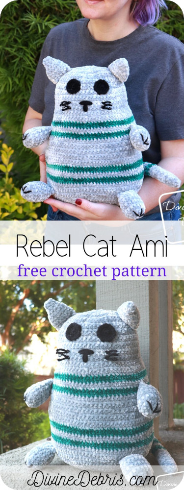 Learn to make the fun and easy Rebel Cat Amigurumi, a simple striped cat softie, from a free crochet pattern on DivineDebris.com