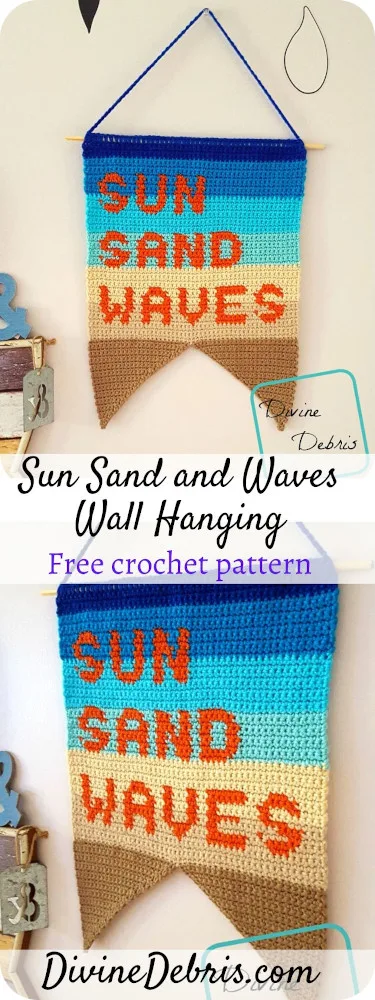 Learn to make the Sun, Sand, and Waves Wall Hanging, to bring the Summer into your home, from a free crochet pattern on DivineDebriscom