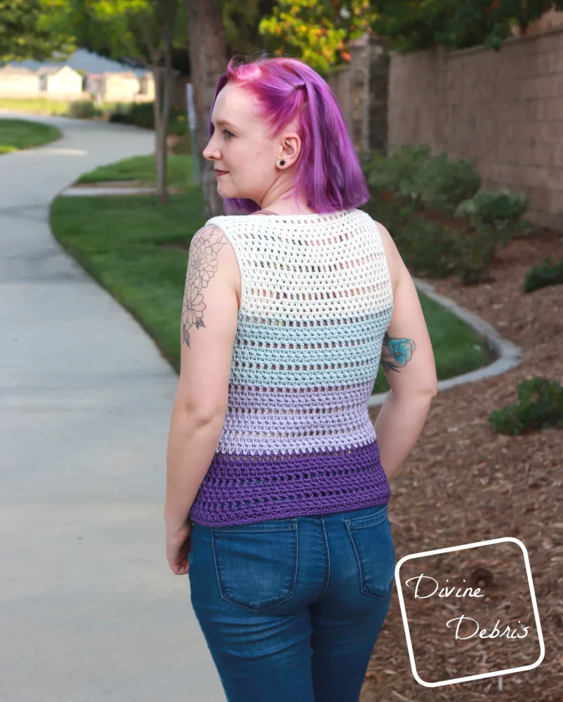 Learn to make the easy, fun, and customizable summer top, the Melanie Tank Top, from a free crochet pattern on DivineDebris.com 
