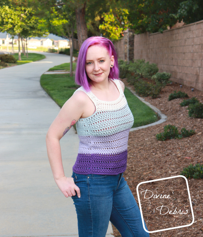 Learn to make the easy, fun, and customizable summer top, the Melanie Tank Top, from a free crochet pattern on DivineDebris.com 