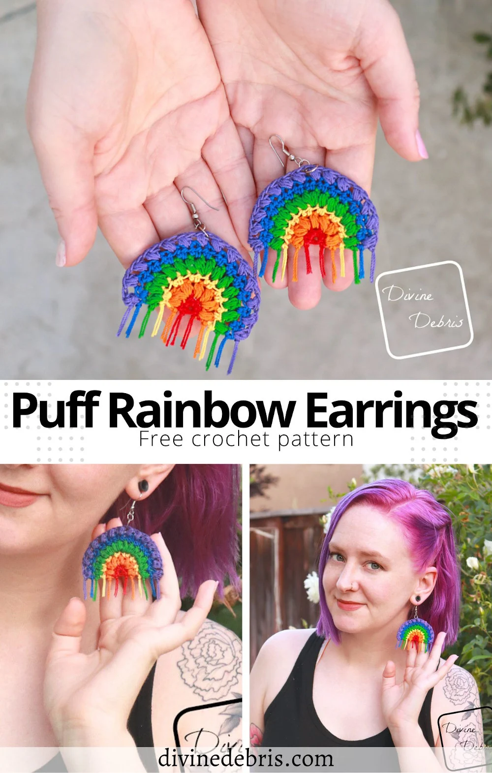 Learn to make the Puff Rainbow Earrings, an easy and fun crochet thread accessory, from a free crochet pattern photo tutorial on DivineDebris.com