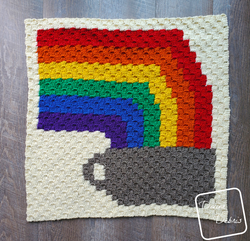 Rainbow and Coffee Cup C2C Afghan Square free crochet pattern by DivineDebris.com