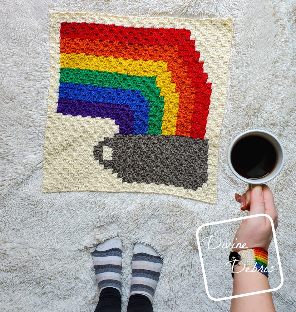 Rainbow and Coffee Cup C2C Afghan Square free crochet pattern by DivineDebris.com