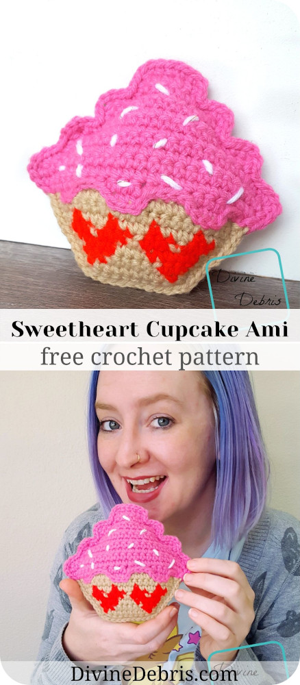 Learn to make a fun and silly Valentine's Day inspired crochet cupcake amigurumi, the Sweetheart Cupcake Ami, from a free pattern on DivineDebris.com