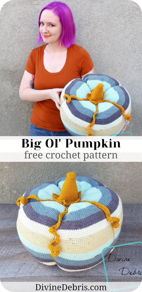 Learn to make the best Fall-o-ween decoration you could have, the Big Ol' Pumpkin from free crochet pattern by DivineDebris.com