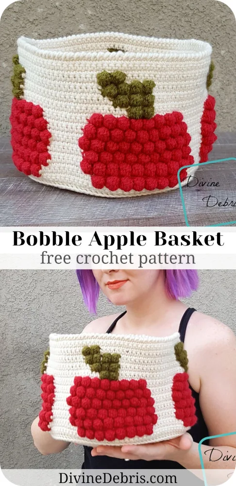 Learn to make this fun Fall basket design that combines bobbles and colorwork, Bobble Apple Basket from free crochet pattern by DivineDebris.com