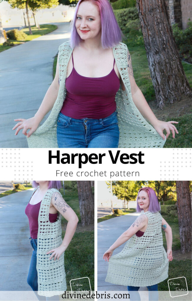Dress up a simple tshirt or tank top and jeans with a fun and open vest design, the Harper Vest, from a free crochet pattern on Divine Debris