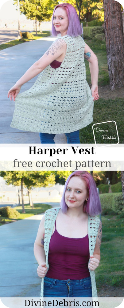 Dress up a simple tshirt or tank top and jeans with a fun and open vest design, the Harper Vest, from a free crochet pattern on DivineDebris.com