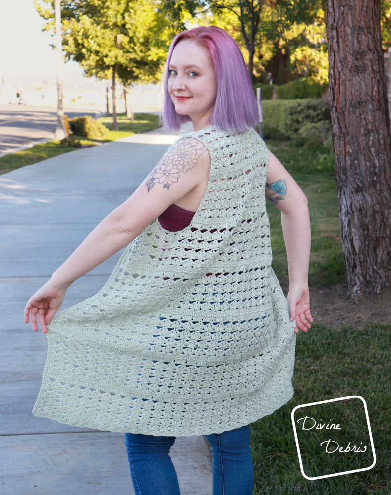 Dress up a simple tshirt or tank top and jeans with a fun and open vest design, the Harper Vest, from a free crochet pattern on DivineDebris.com