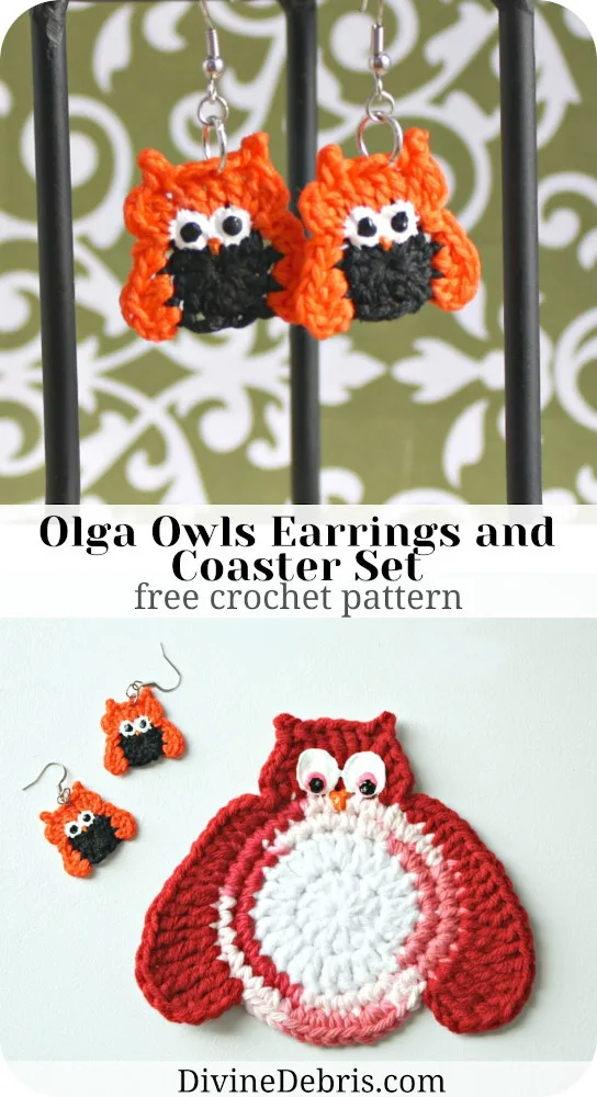 Make the fun fall themed Olga Owls - a perfectly not scary pair of earrings and a fun home decor coaster from a free crochet pattern by DivineDebris.com 