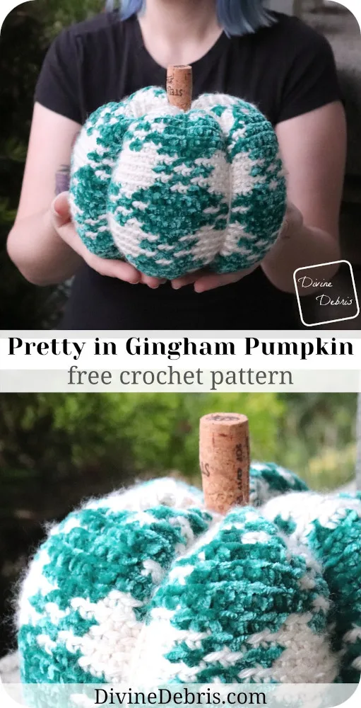 Learn to make the Pretty in Gingham Pumpkin from a free crochet pattern by DivineDebris.com
