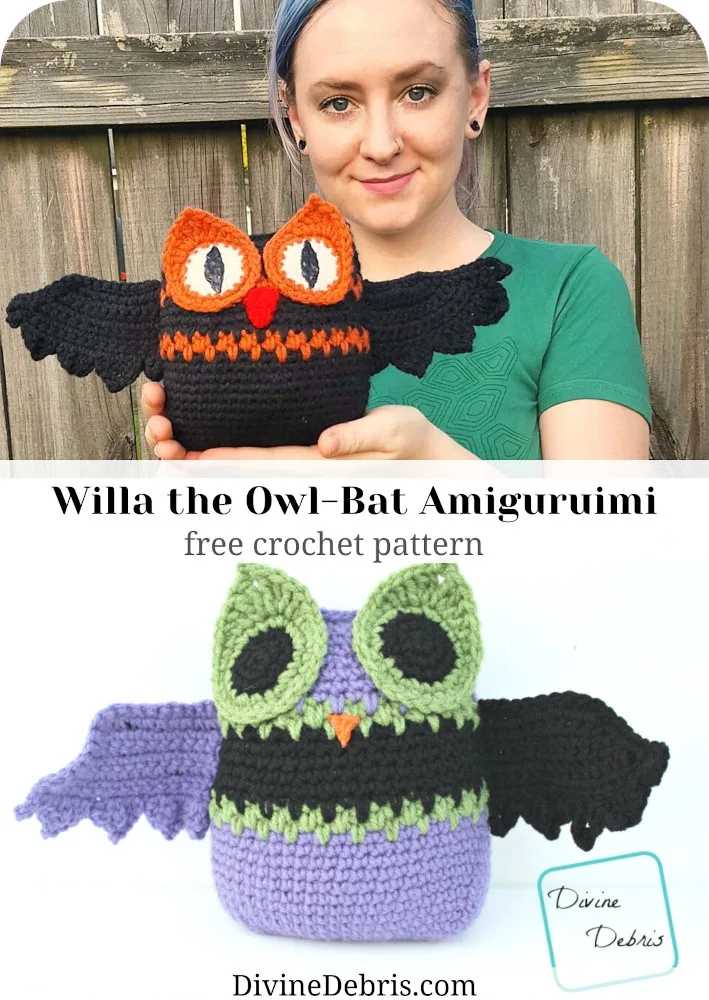 Learn to make a fun and easy crochet owl and bat amigurumi mashup, the Willa Owl-Bat, from a free crochet pattern on DivineDebris.com