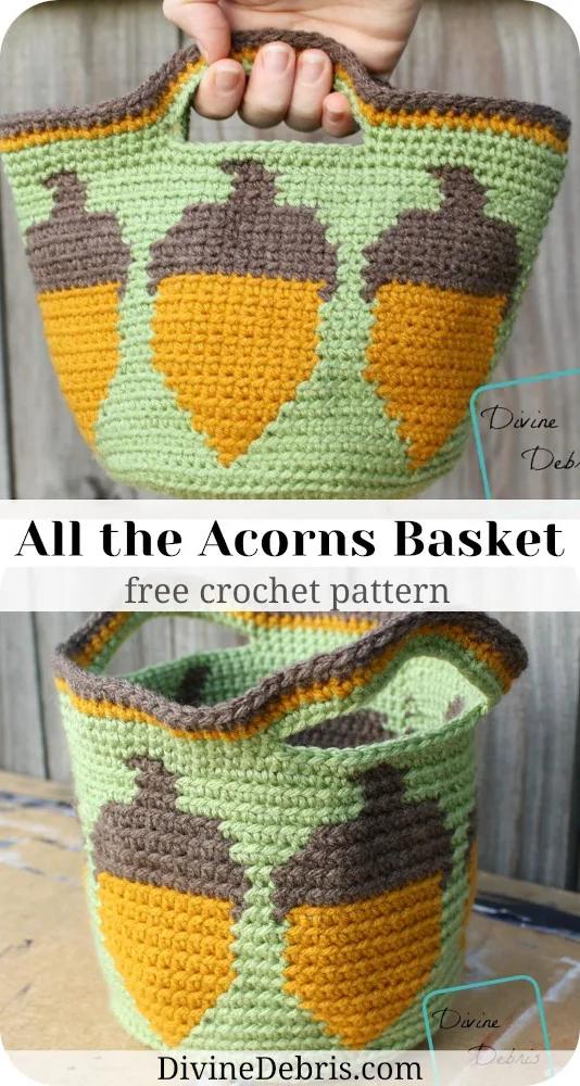 Learn to make the fun and surprisingly simple tapestry crochet basket, the All the Acorns Basket, from a free pattern on DivineDebris.com