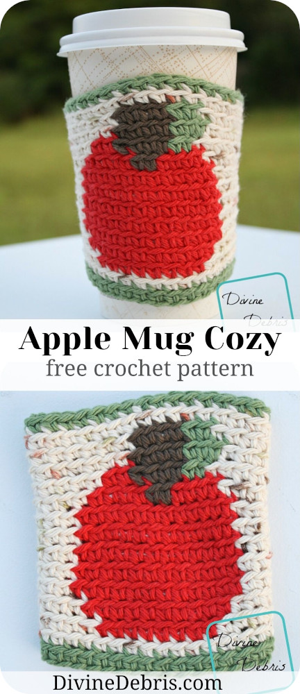 Learn to make a fun and cute Fall coffee companion, the Apple Mug Cozy from a free crochet pattern by DivineDebris.com