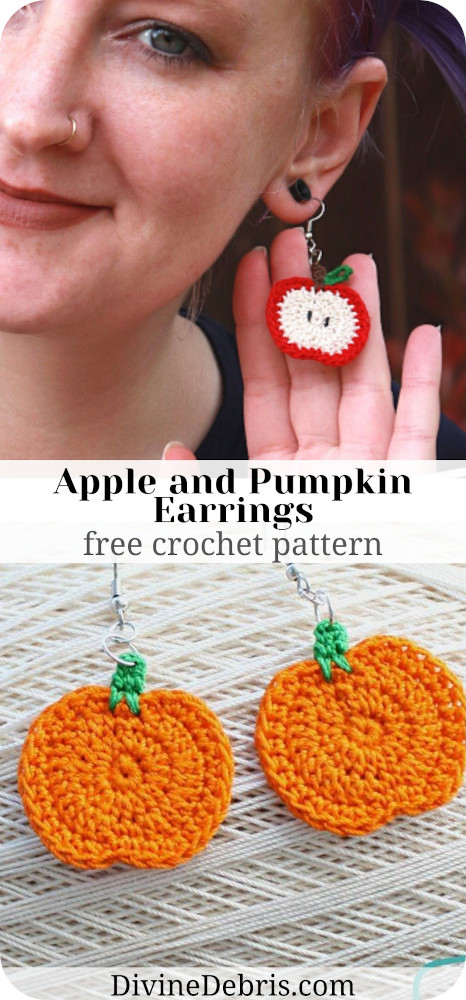 Learn to make the fun Fall Pumpkin/ Apple Earrings free crochet pattern by DivineDebris.com