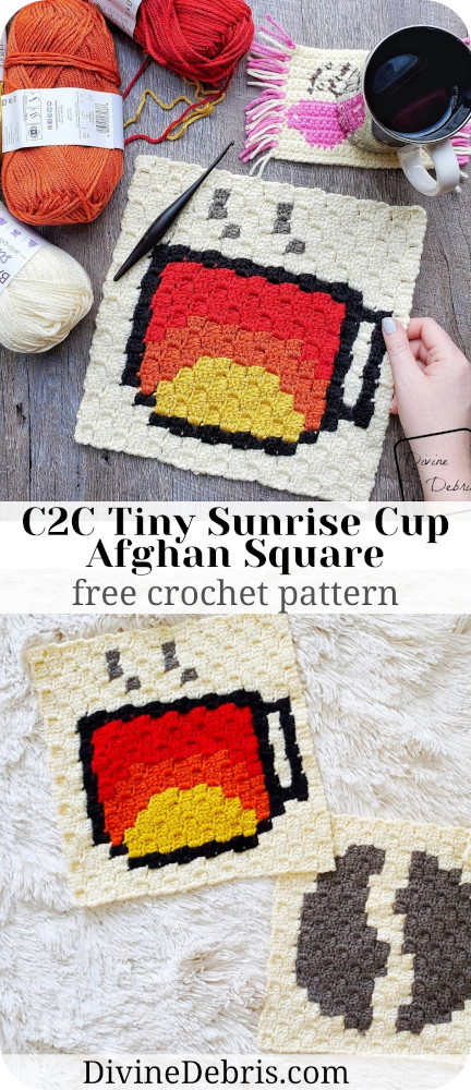 Learn to make the C2C Tiny Sunrise Cup Afghan Square, part of the Coffee CAL, from a free crochet pattern by DivineDebris.com