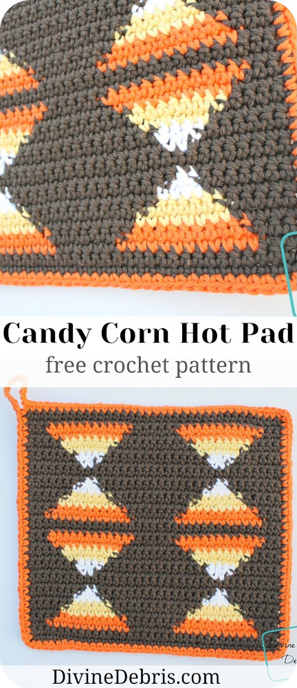 Get into the Halloween spirit with this fun and decorative hot pad, the Candy Corn Hot Pad from a crochet pattern free on DivineDebris.com! 