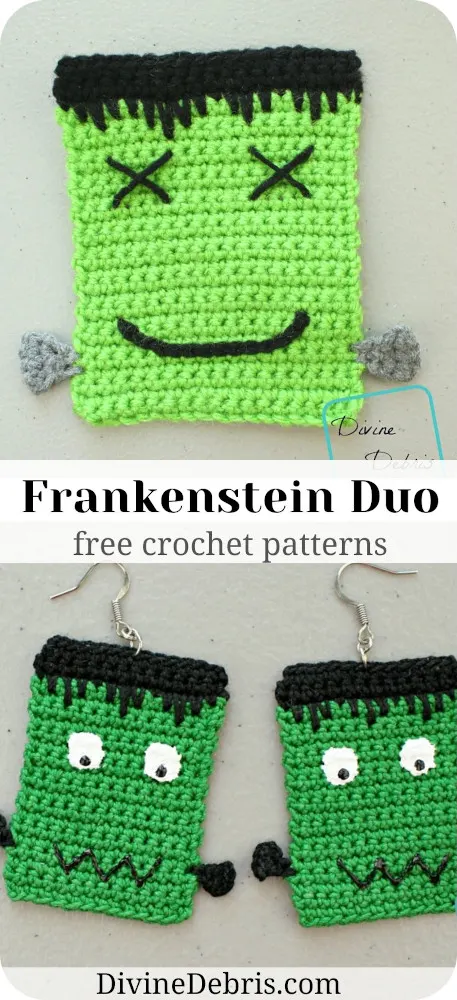 Make your Halloween year-round and fun with these Frankenstein Coaster and Earring Duo free crochet patterns by DivineDebris.com
