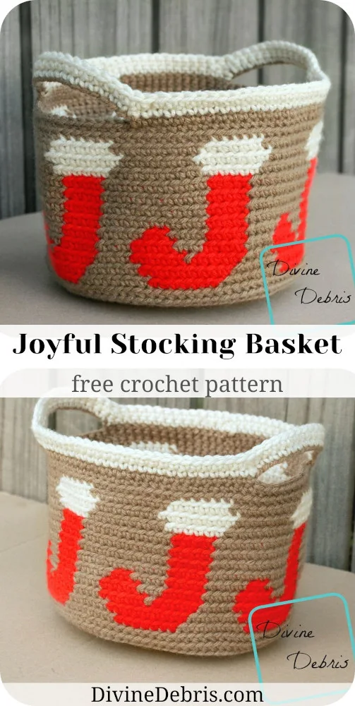 Learn to make the fun Christmas home decor basket, the Joyful Stocking Basket free crochet pattern by DivineDebris.com