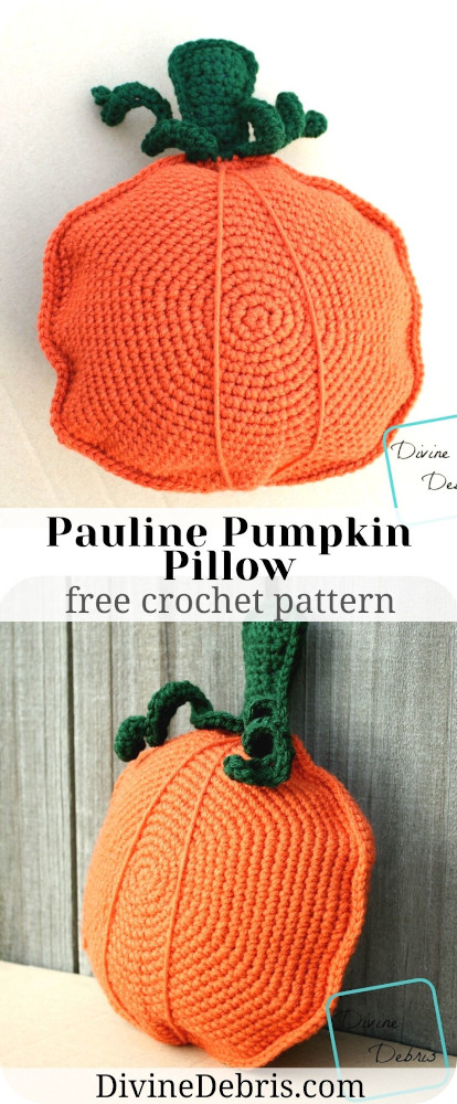 Learn to make a fun bit of Fall home decor with the Pauline Pumpkin Pillow, an easy amigurumi, free crochet pattern by DivineDebris.com