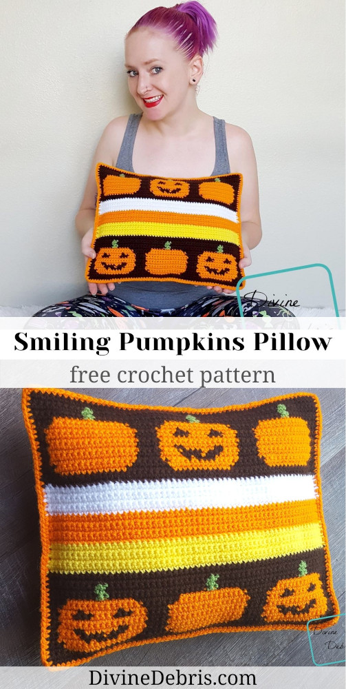 Learn to make the super fun, unique, and retro Smiling Pumpkins Pillow from a free and easy Halloween themed crochet pattern on DivineDebris.com