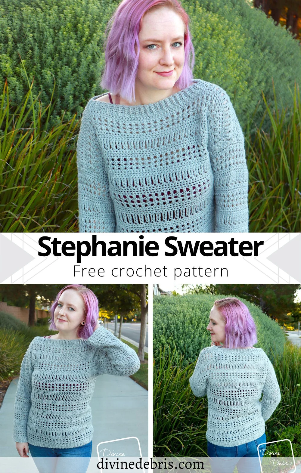 Learn to make a fun and easy early Fall pullover, the Stephanie Sweater, from a free crochet pattern on DivineDebris.com