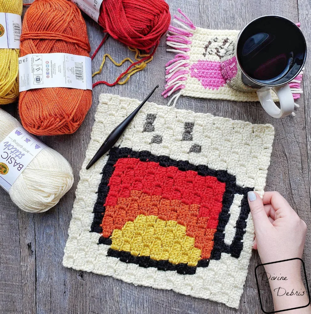Learn to make the Tiny Sunrise Cup C2C Afghan Square, part of the Coffee CAL, from a free crochet pattern by DivineDebris.com