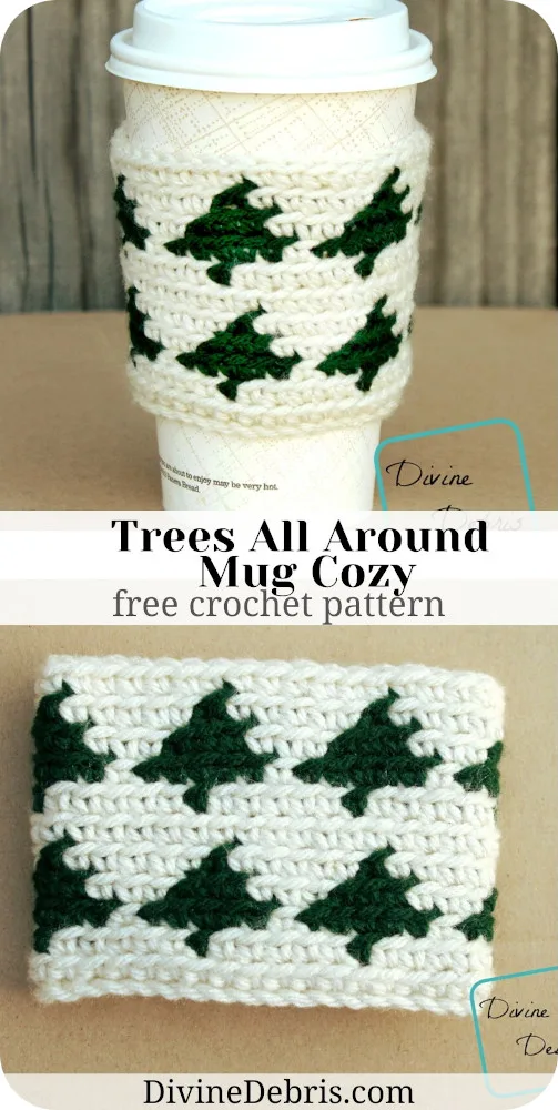 Learn to make the Trees All Around Mug Cozy for the Winter season, from a free tapestry crochet pattern by Divine Debris.