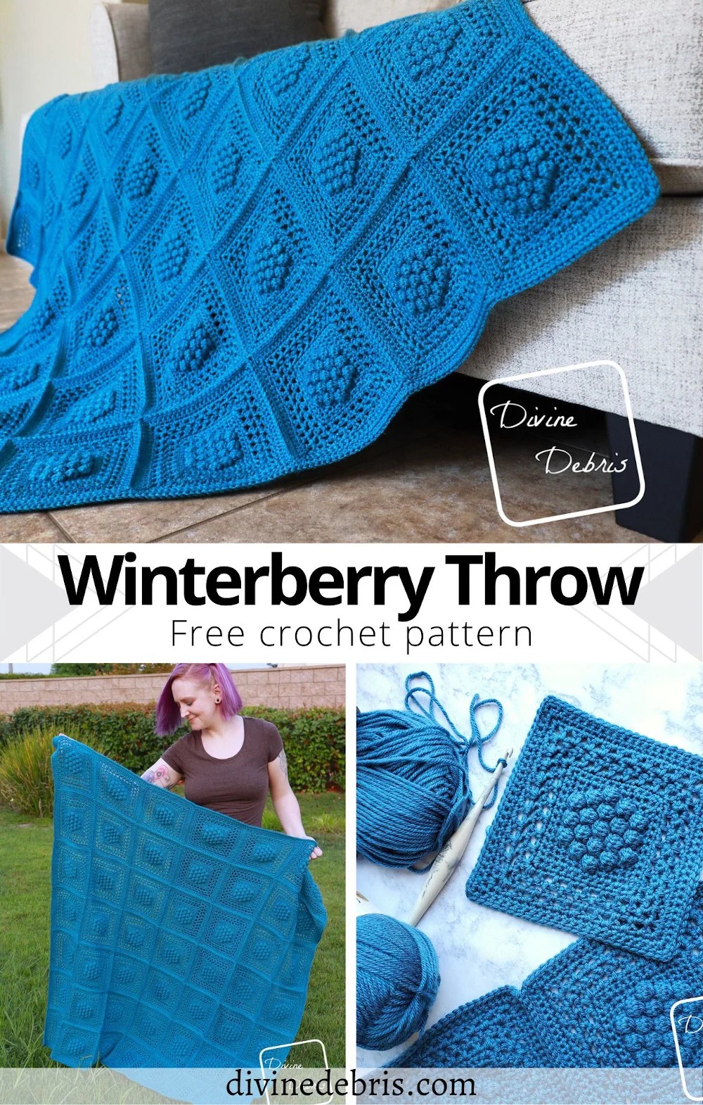 Learn to make the Winterberry Throw, a textured and fun blanket, from a free and easy crochet pattern by DivineDebris.com