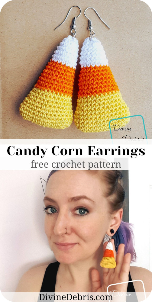 Make the highly recognizable and sure cute Candy Corn Earrings from a free crochet pattern on DivineDebris.com 
