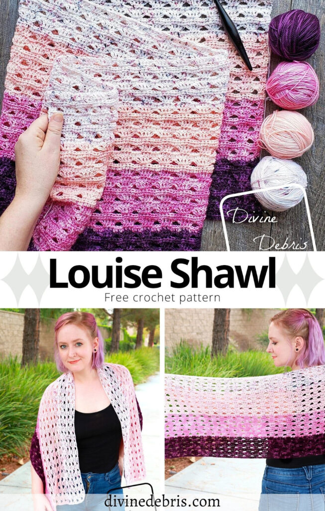 Get your fingering weight yarn and make the simple, easy, and very customizable free crochet pattern - the Louise Shawl by DivineDebris.com