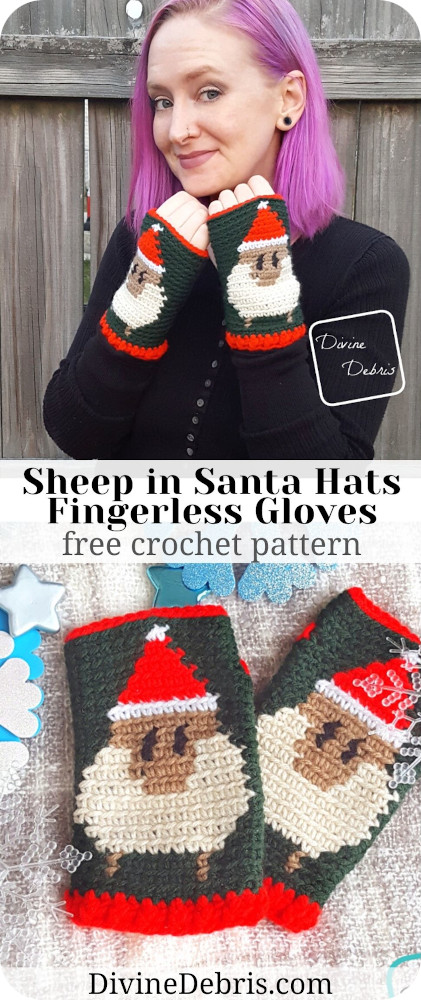 Learn to make these fun and festive Christmas themed crochet fingerless gloves, the Sheep in Santa Hats Fingerless Gloves from a free crochet pattern by DivineDebris.com