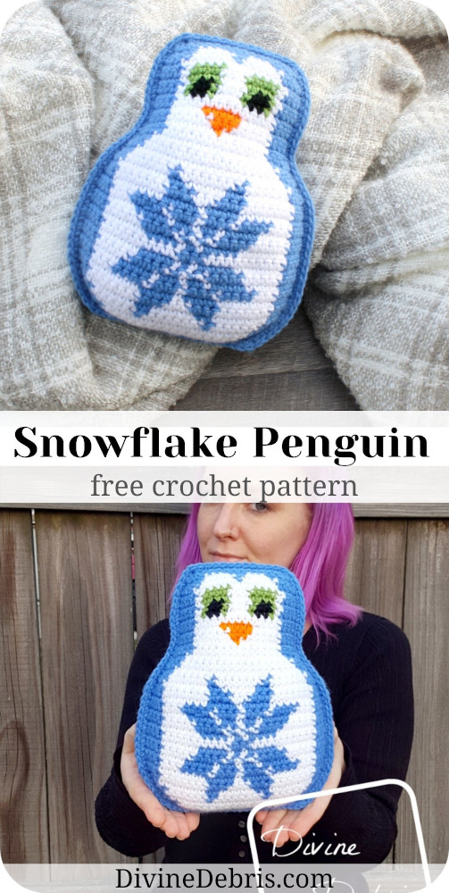 Learn how to make a cuddly penguin crochet amigurumi with a snowflake on its belly, Snowflake Penguin, from a free pattern on DivineDebris.com