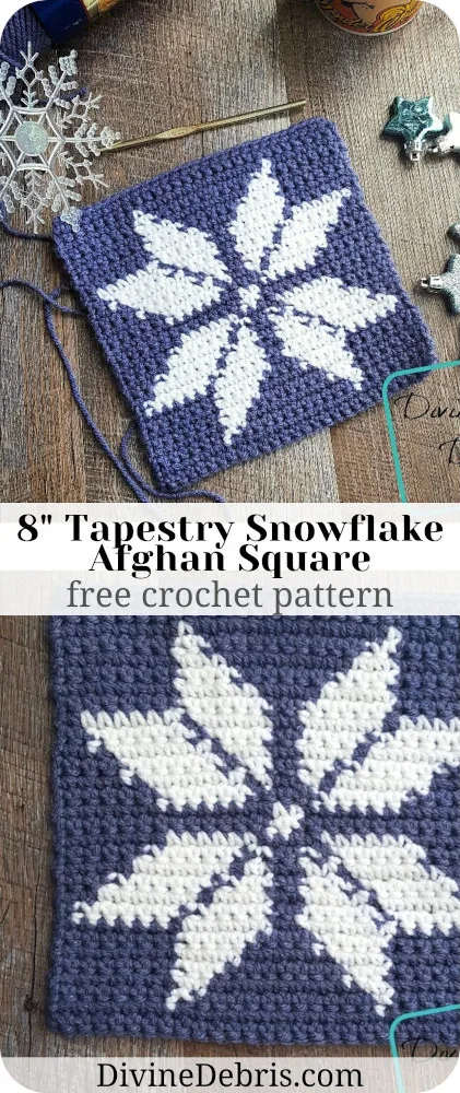 Learn to make the 8" Tapestry Snowflake Afghan Square from a free crochet pattern and afghan square CAL on DivineDebris.com
