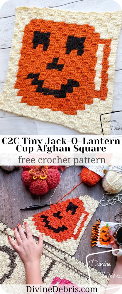 Learn to make the C2C Tiny Jack-O-Lantern Cup Afghan Square from a free graph on DivineDebris.com. Part of a year-long coffee CAL.