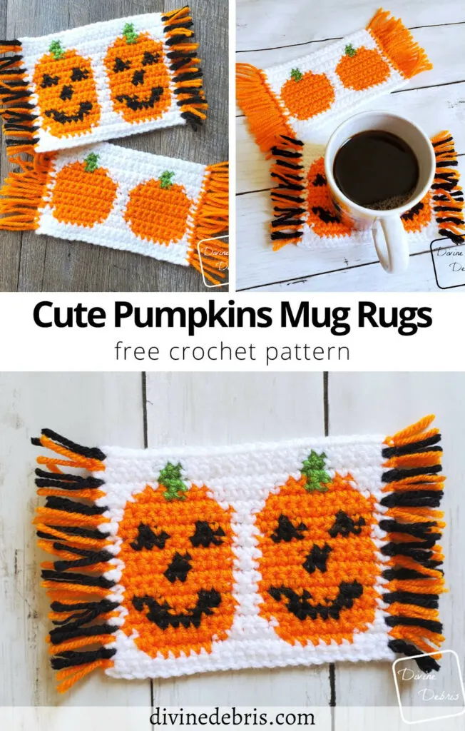 Learn to make the Halloween home decor, the Cute Pumpkins Mug Rugs from two free tapestry crochet patterns on Divinedebris.com